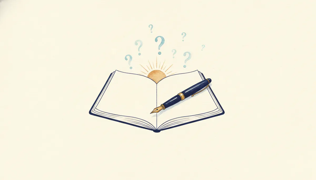 Watercolor illustration of an open notebook with a pen, a gold sun rising above its pages